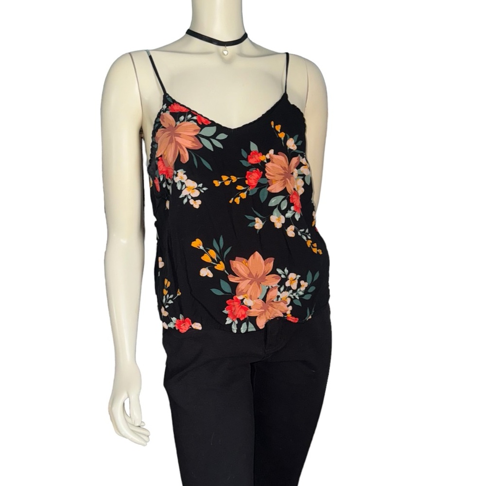 Old Navy Women’s Black Floral Tank Scalloped-Edge Cami Size M